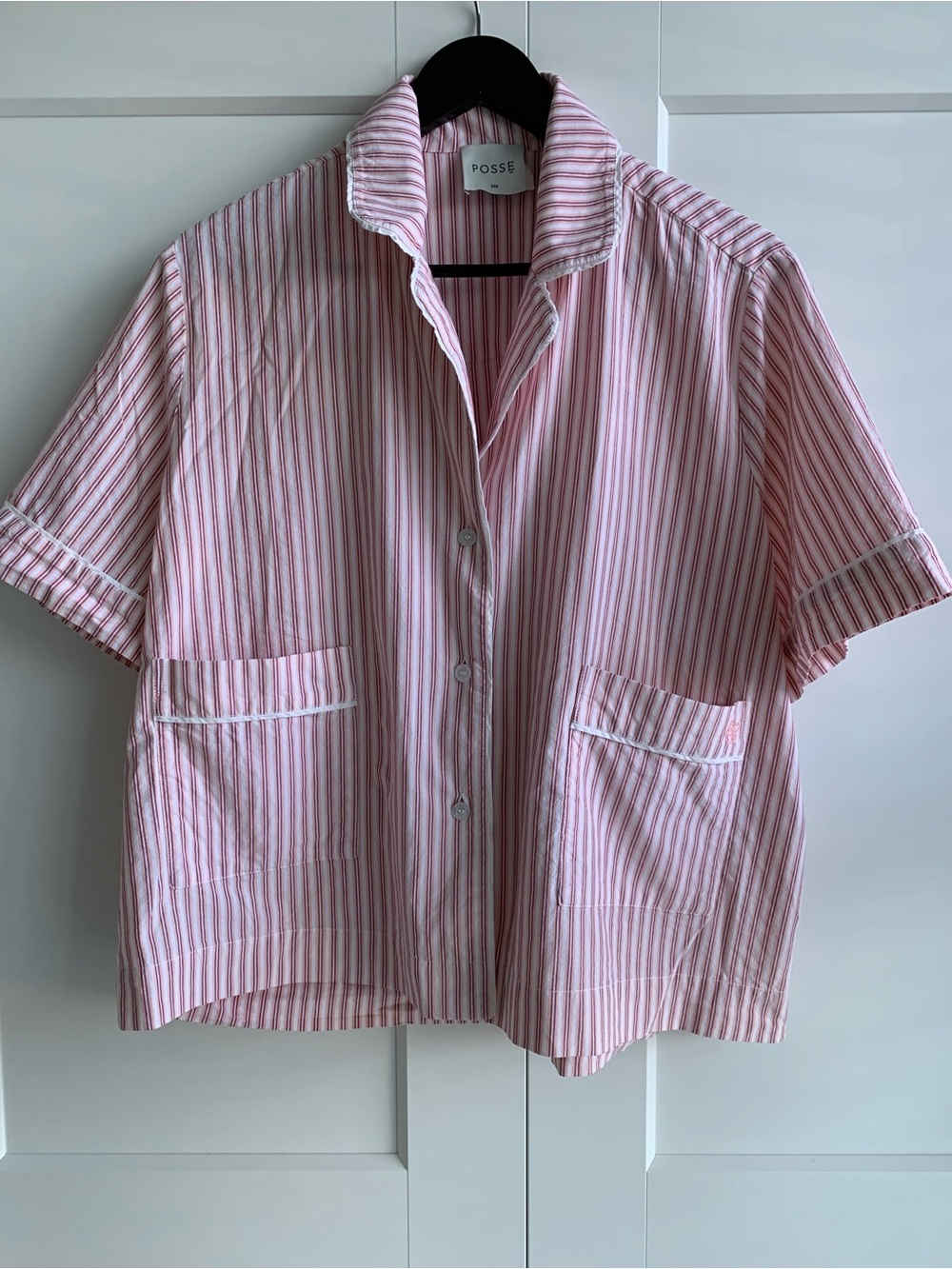 Posse Pink & White Striped Short Sleeve Button sleep shirt size XXS oversized